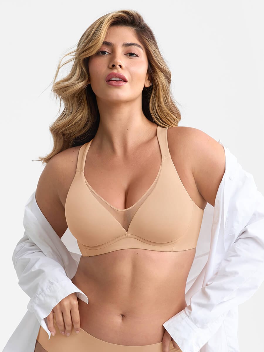 Full Coverage Minimizer Bra with Underwire Side Boning Mesh Plunge - FirmaHold