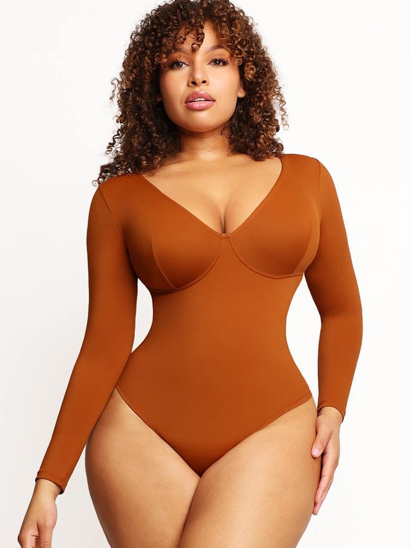V-Neck Long Sleeve Thong Waist Control Bodysuit - FirmaSculpt