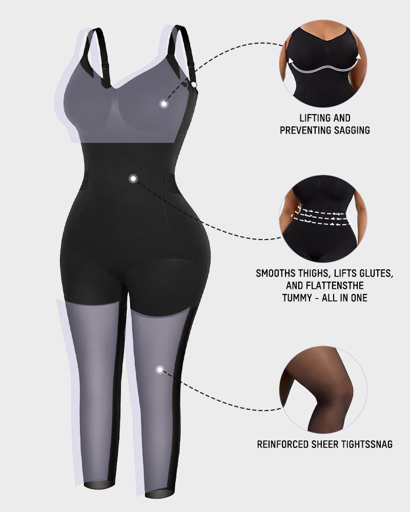 Deep-V Shapewear Bodysuit with Stocking Legs - FirmaSculpt