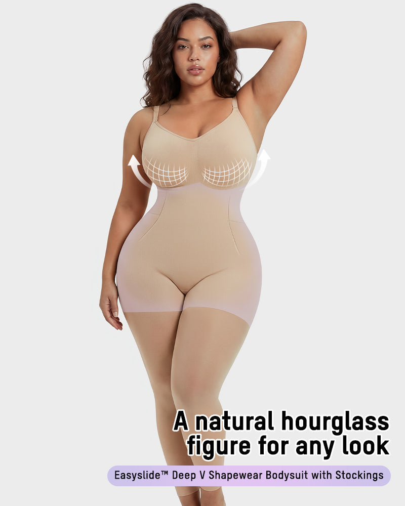 Deep-V Shapewear Bodysuit with Stocking Legs - FirmaSculpt