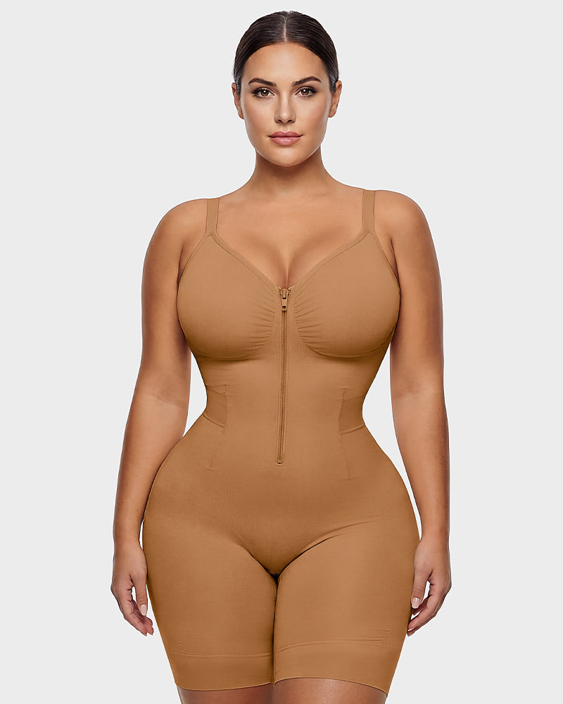 Front-Zip Mid-Thigh Shapewear Bodysuit - FirmaSculpt
