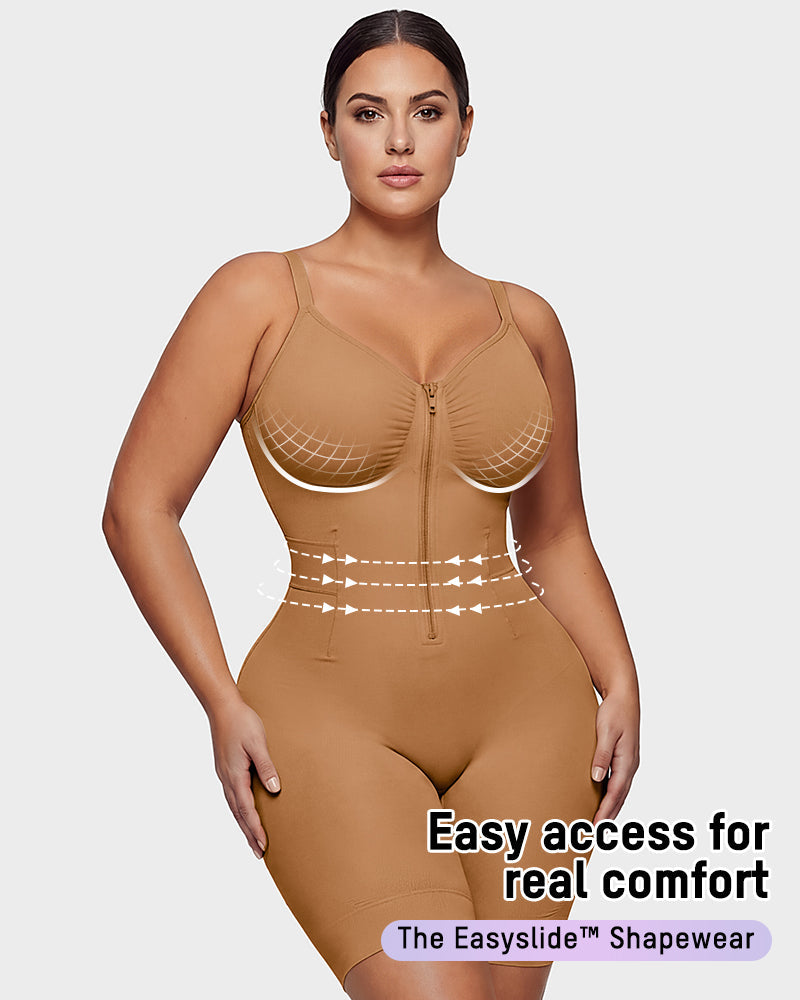 Front-Zip Mid-Thigh Shapewear Bodysuit - FirmaSculpt
