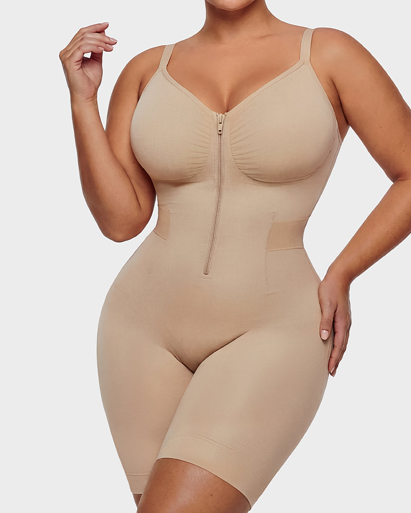 Front-Zip Mid-Thigh Shapewear Bodysuit - FirmaSculpt