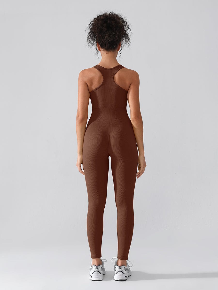 Seamless Zip Front Racerback Full-Length Sport Shaping Jumpsuit - FirmaActive