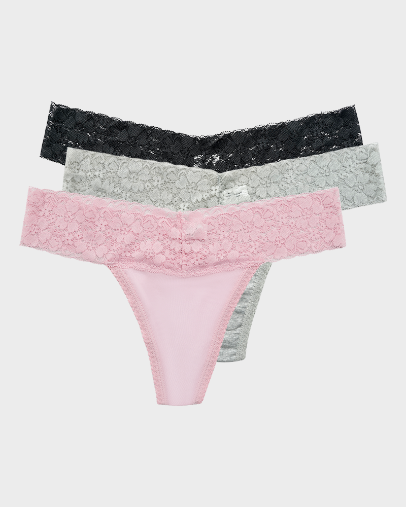 Seamless Low-Rise Lace Thong Knickers 3-Pack - FirmaLace