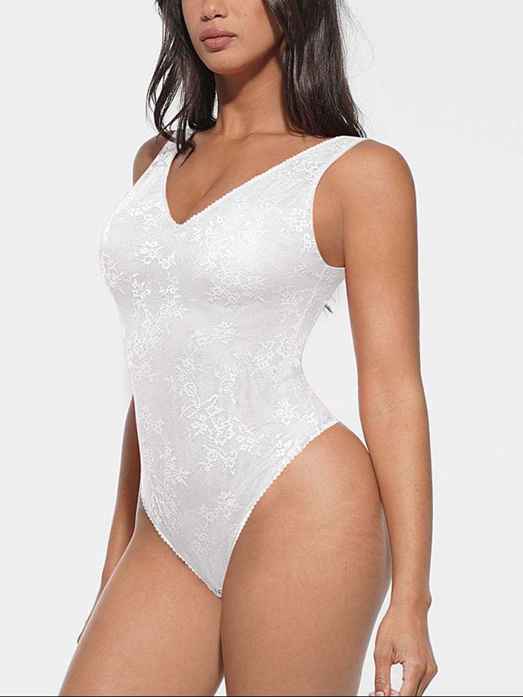 Seamless Deep V-Neck Lace Shaping Thong Bodysuit - FirmaLace