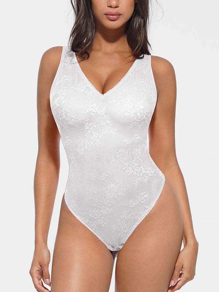 Seamless Deep V-Neck Lace Shaping Thong Bodysuit - FirmaLace