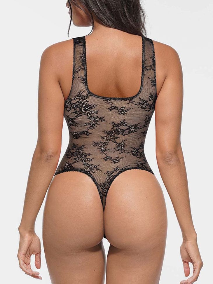 Seamless Deep V-Neck Lace Shaping Thong Bodysuit - FirmaLace