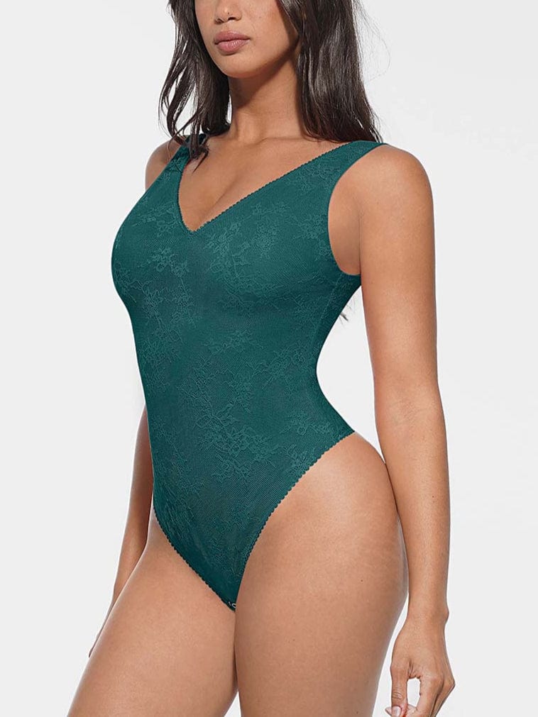 Seamless Deep V-Neck Lace Shaping Thong Bodysuit - FirmaLace