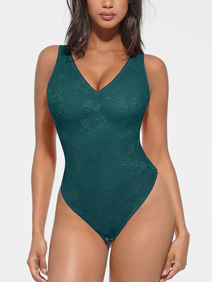 Seamless Deep V-Neck Lace Shaping Thong Bodysuit - FirmaLace