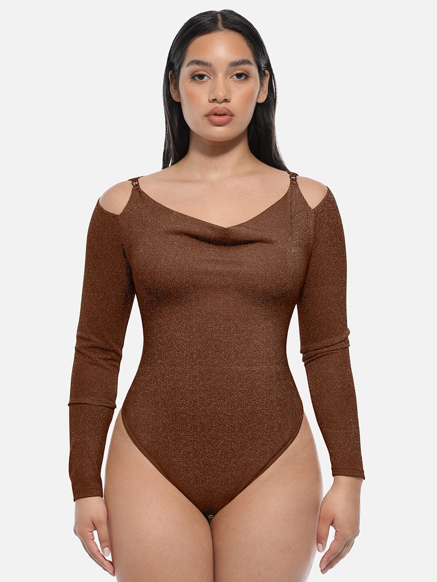 Draped Neck All-In-One Shaping Bodysuit with Built-In Bra - FirmaSculpt