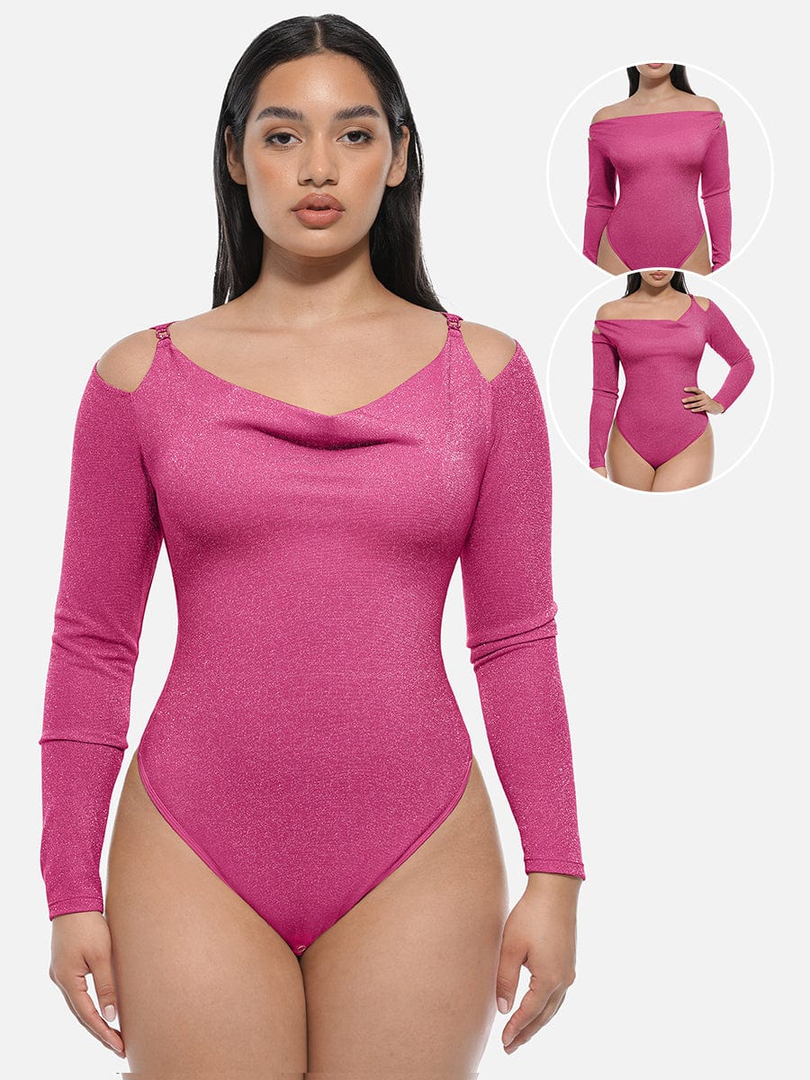 Draped Neck All-In-One Shaping Bodysuit with Built-In Bra - FirmaSculpt