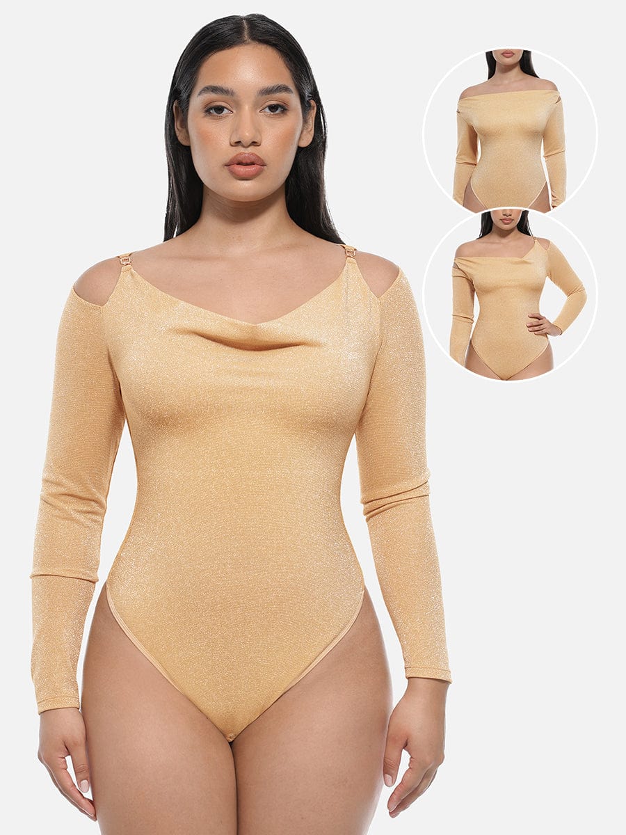 Draped Neck All-In-One Shaping Bodysuit with Built-In Bra - FirmaSculpt