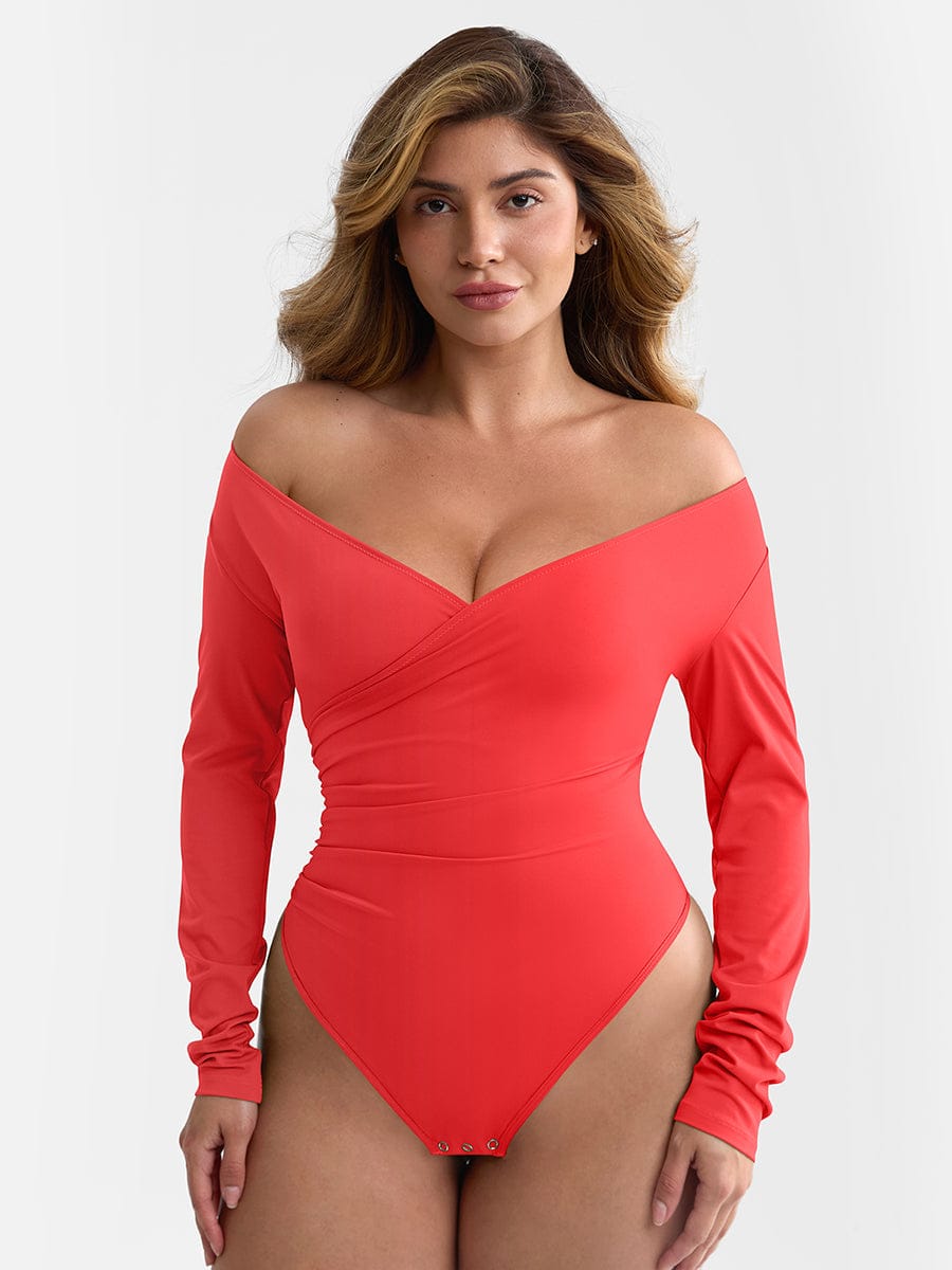 Pleated V-Neck Tummy Control Thong Bodysuit - FirmaSculpt