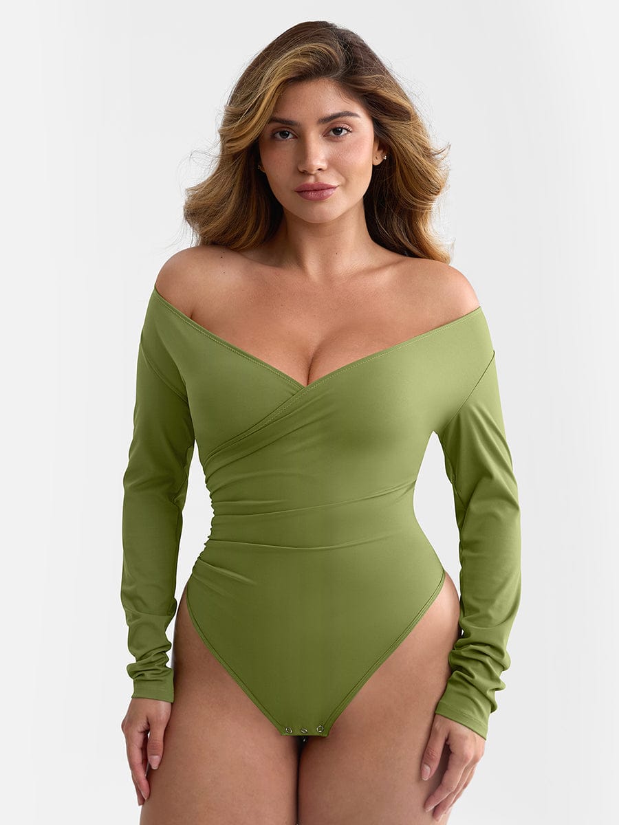 Pleated V-Neck Tummy Control Thong Bodysuit - FirmaSculpt
