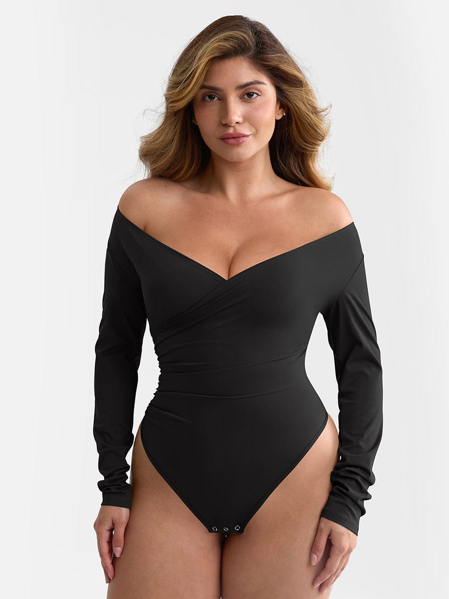 Pleated V-Neck Tummy Control Thong Bodysuit - FirmaSculpt