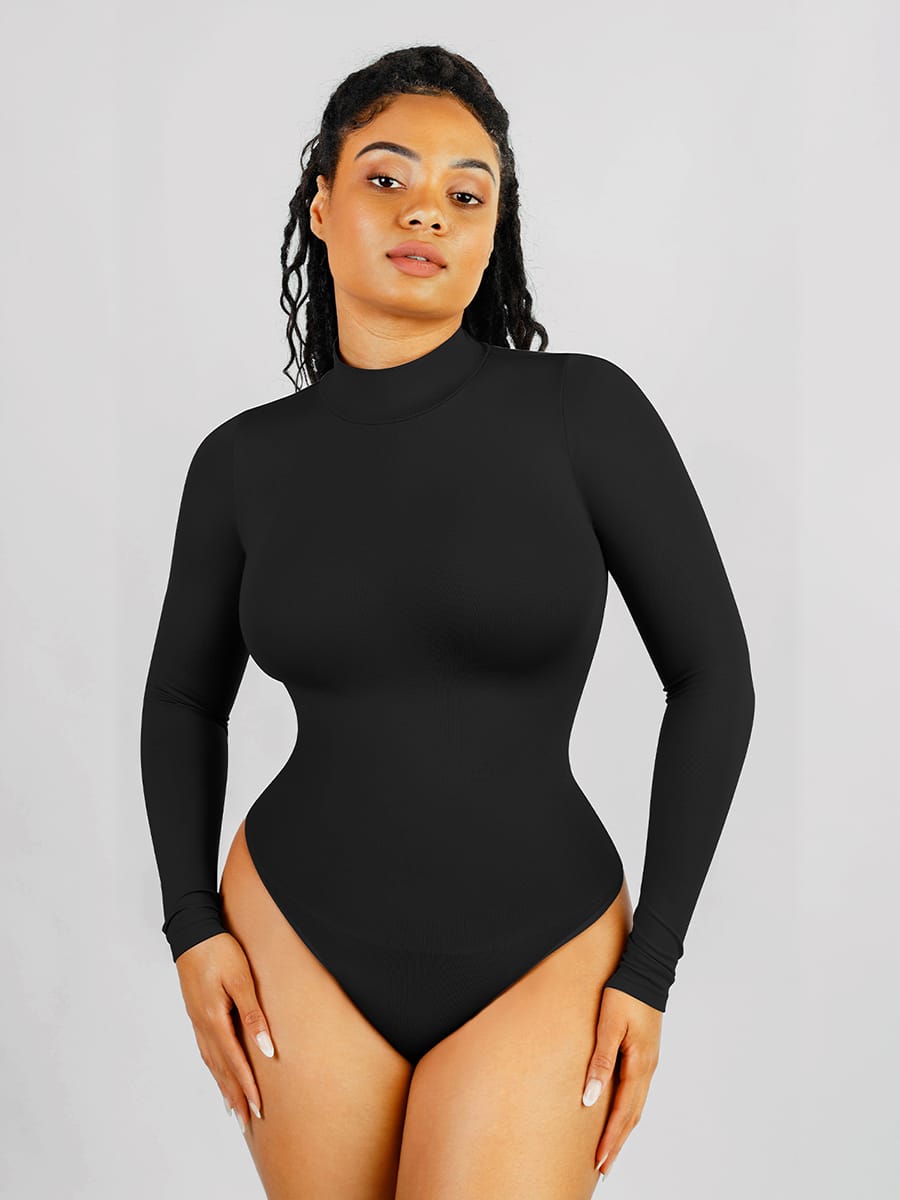 Seamless Eco-friendly Turtle Neck Long Sleeve Thong Bodysuit - FirmaFlex