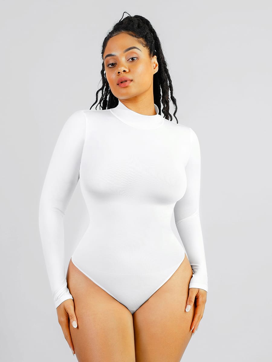 Seamless Eco-friendly Turtle Neck Long Sleeve Thong Bodysuit - FirmaFlex