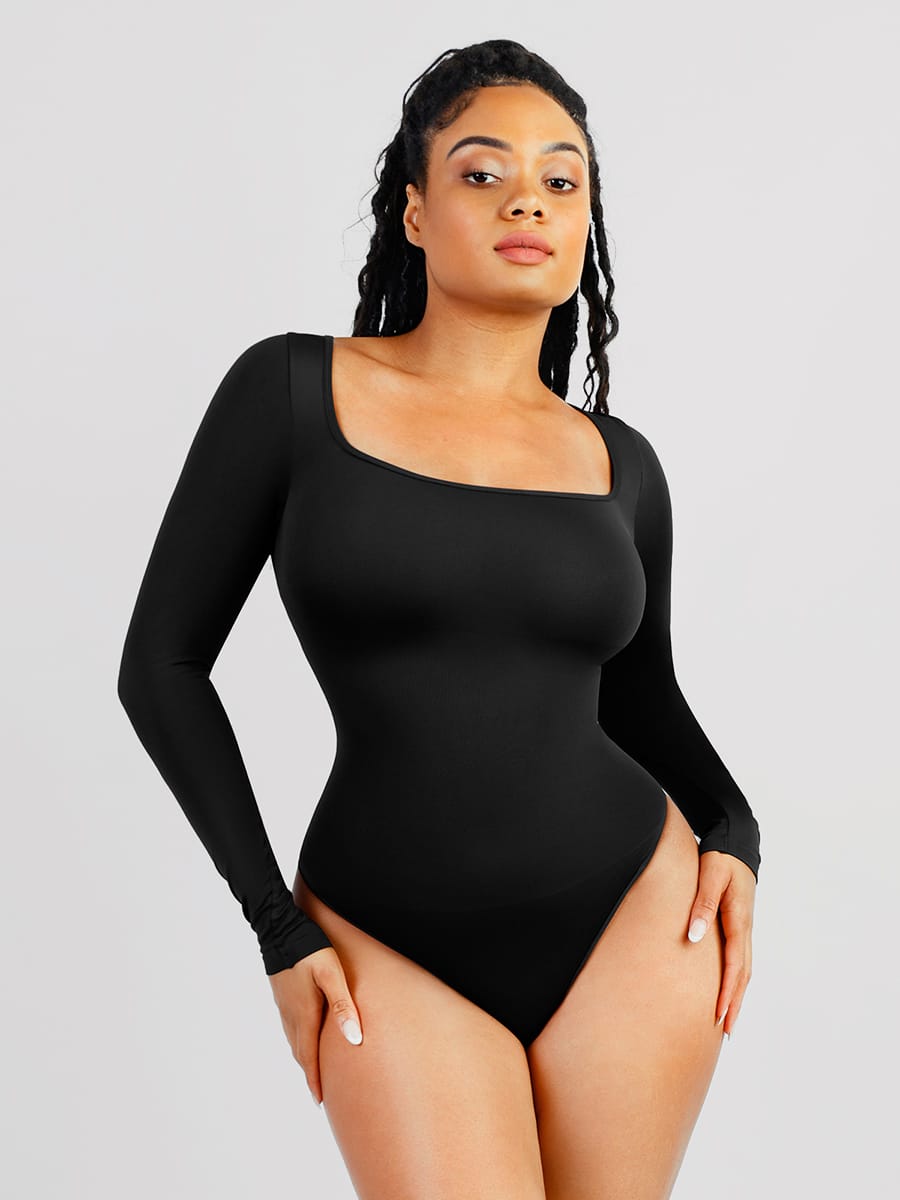 Seamless Eco-friendly Square Neck Long Sleeve 360° Waist Control Thong Bodysuit - FirmaActive