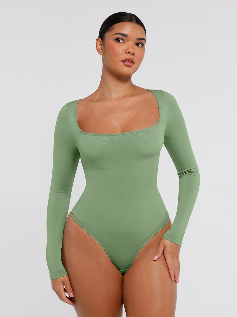 Seamless Eco-friendly Square Neck Long Sleeve 360° Waist Control Thong Bodysuit - FirmaActive