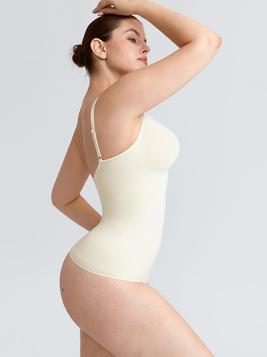 Seamless V Neck Ruched Bust Tummy Control Thong Shaping Bodysuit - FirmaActive