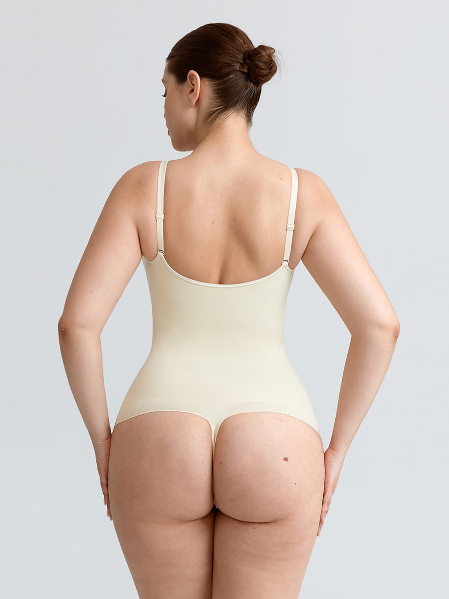 Seamless V Neck Ruched Bust Tummy Control Thong Shaping Bodysuit - FirmaActive
