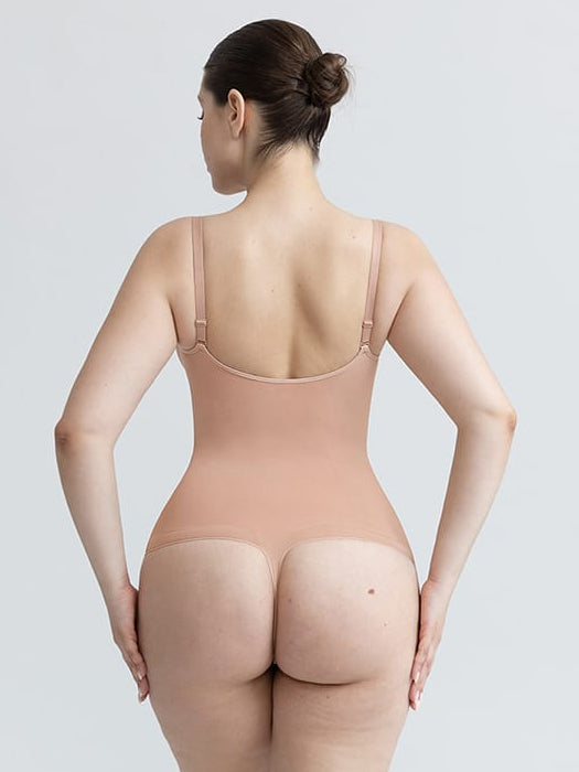 Seamless V Neck Ruched Bust Tummy Control Thong Shaping Bodysuit - FirmaActive