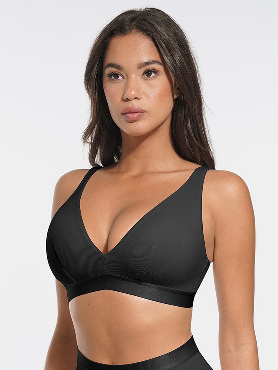 Deep V Neck Rib Modal Bralette with Removable Pads - FirmaSoft