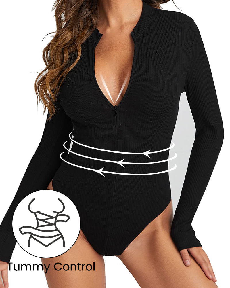 Ribbed Long Sleeve Shaping Bodysuit - FirmaSculpt