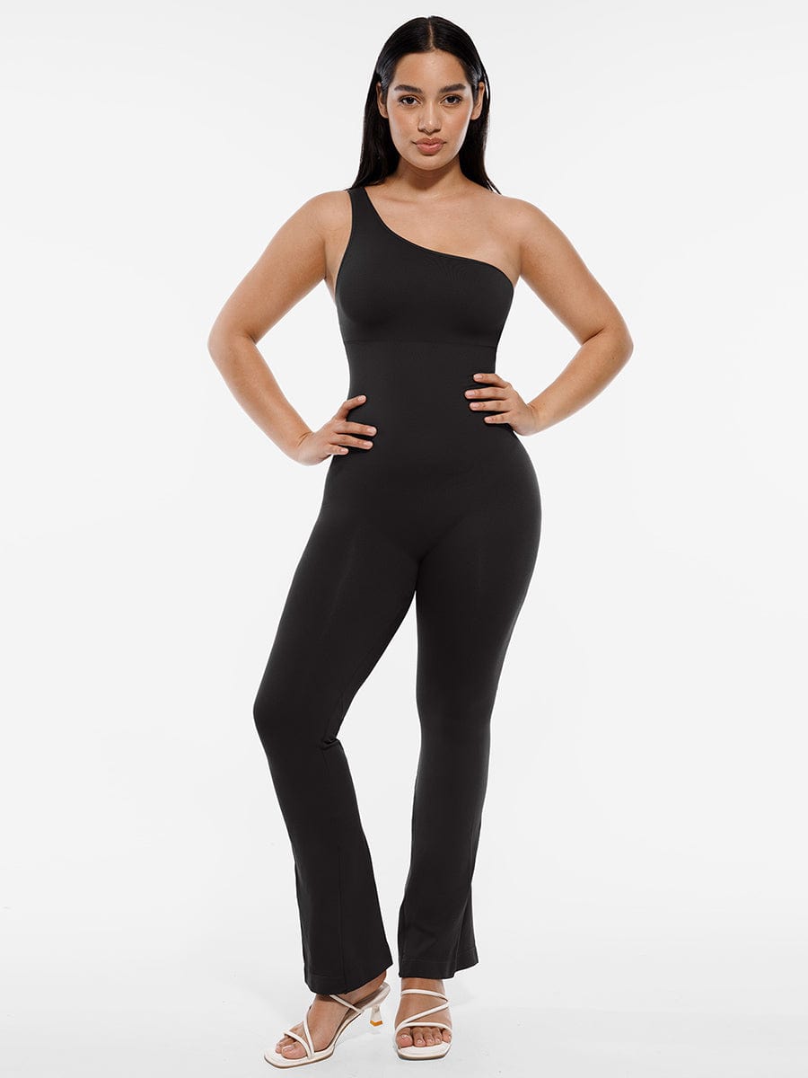 Sloped-Shoulder Flared-Leg Shaping Jumpsuit - FirmaSculpt