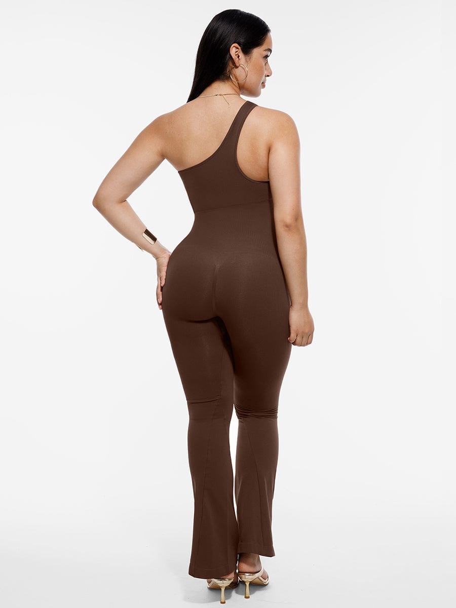 Sloped-Shoulder Flared-Leg Shaping Jumpsuit - FirmaSculpt