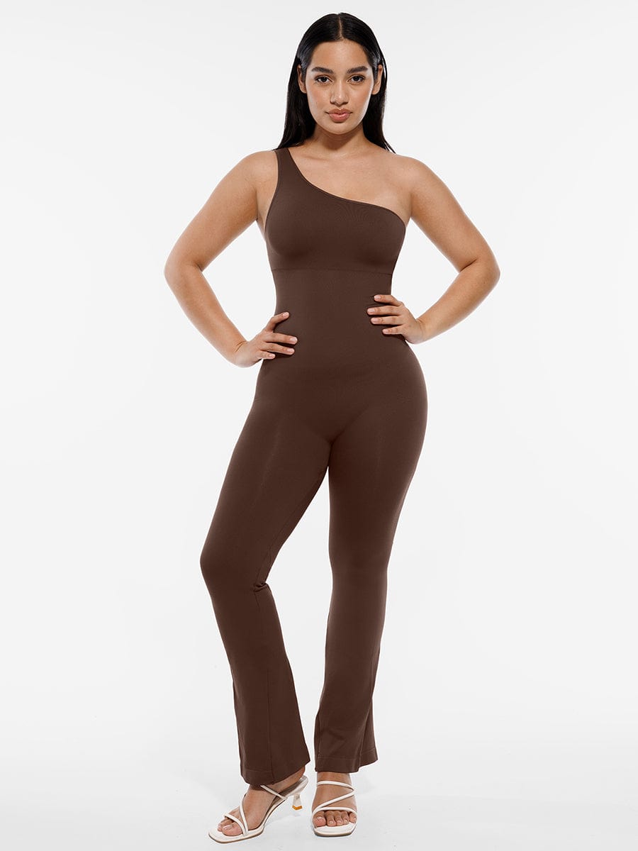 Sloped-Shoulder Flared-Leg Shaping Jumpsuit - FirmaSculpt