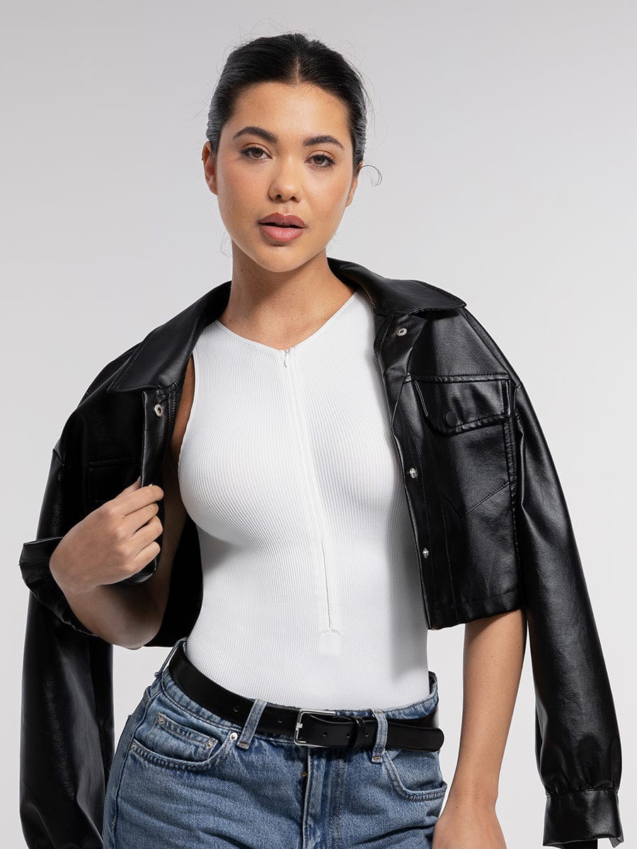 Seamless Ribbed Zip Front Sleeveless Shaping Bodysuit - FirmaActive