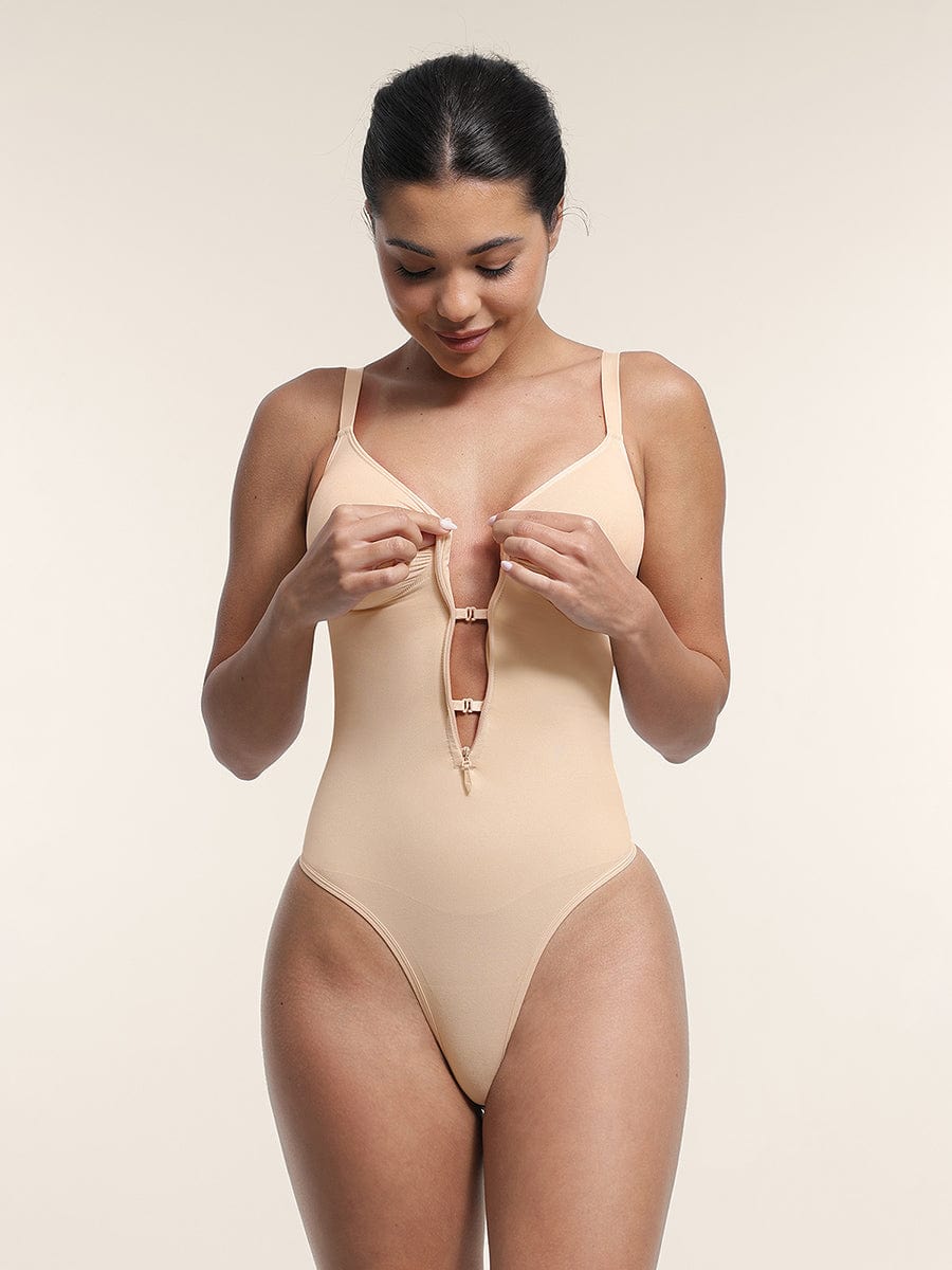 Seamless Plunge Chest Support Bodysuit with Clips Inside - FirmaSculpt