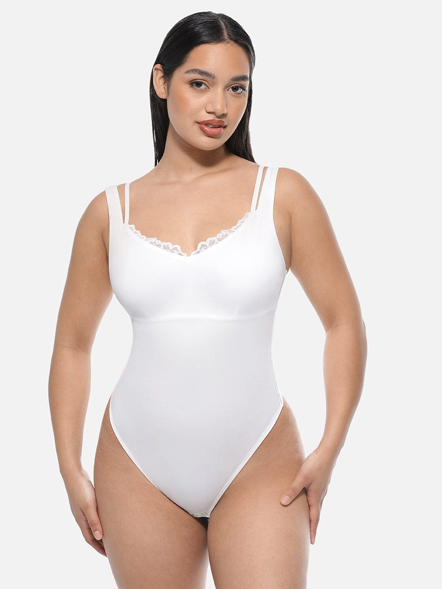 Lace V-Neck Thong Shaping Bodysuit - FirmaLace