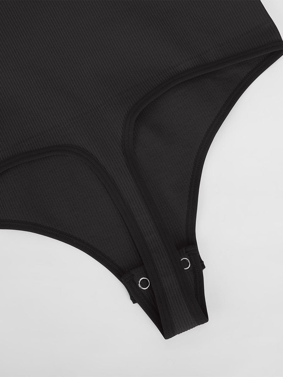 Seamless Ribbed Tummy Control Thong Bodysuit Scoop Neck - FirmaActive