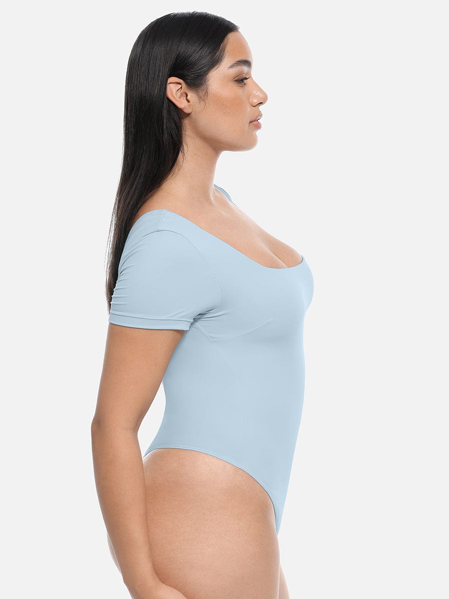 Square-Neck Short-Sleeve Tummy Control Bodysuit - FirmaActive