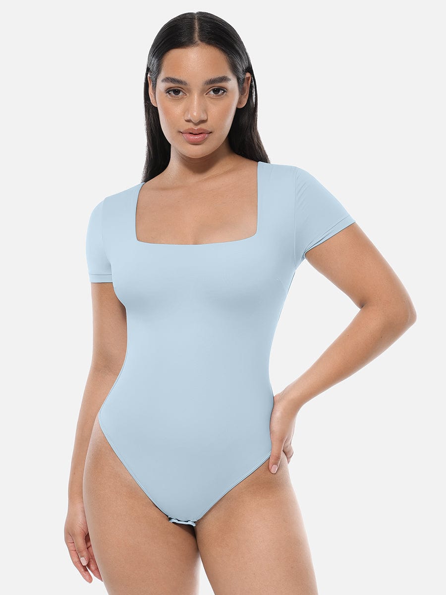 Square-Neck Short-Sleeve Tummy Control Bodysuit - FirmaActive
