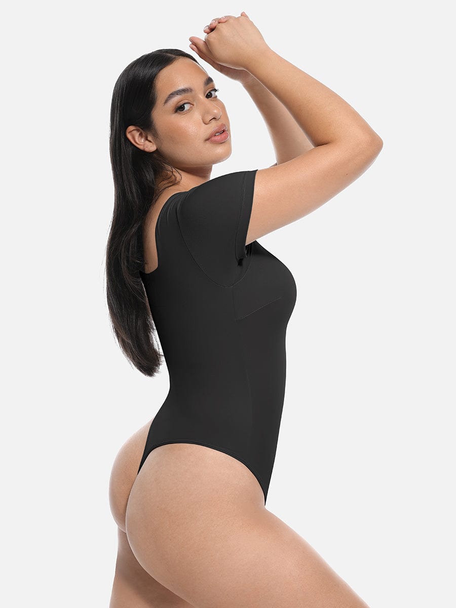 Square-Neck Short-Sleeve Tummy Control Bodysuit - FirmaActive