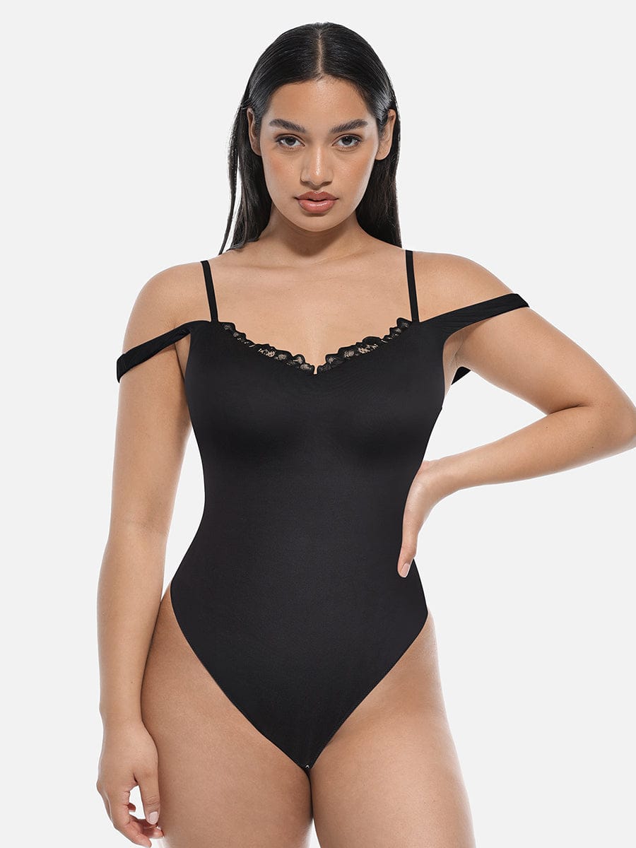 Lace V-Neck Thong Shaping Bodysuit - FirmaLace
