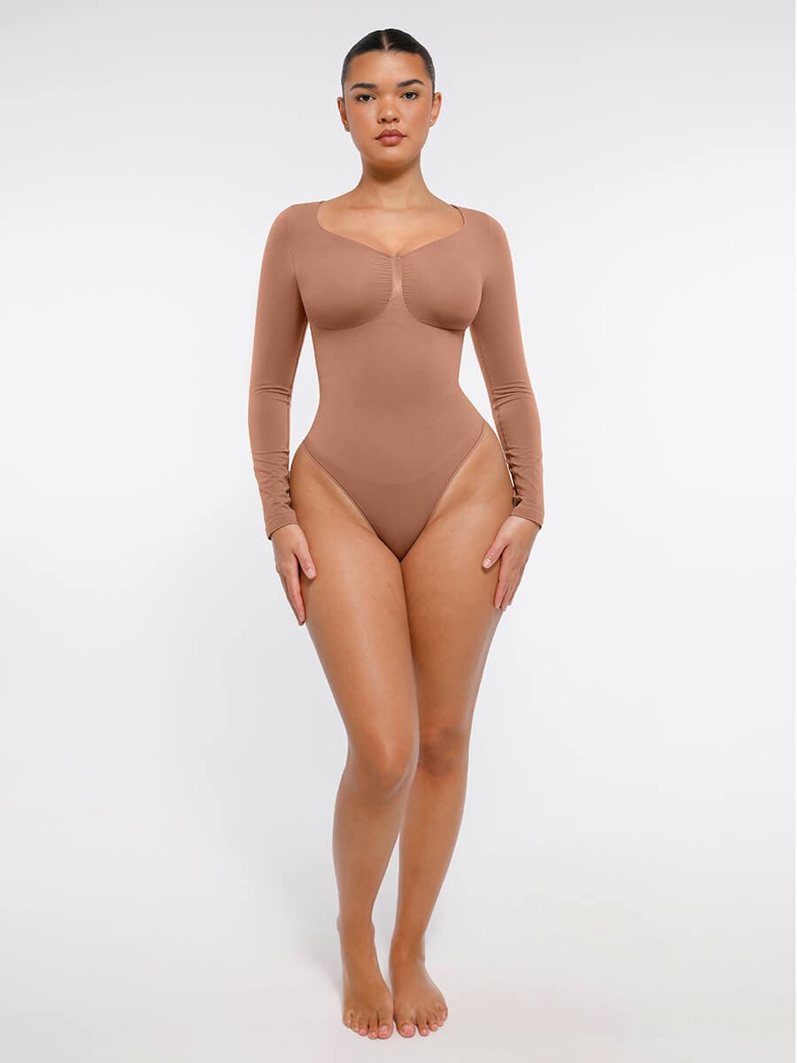 Seamless Long Sleeve Chest Support Tummy Control Thong Bodysuit - FirmaSculpt