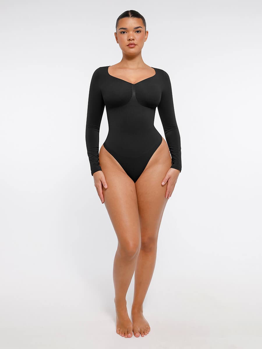 Seamless Long Sleeve Chest Support Tummy Control Thong Bodysuit - FirmaSculpt