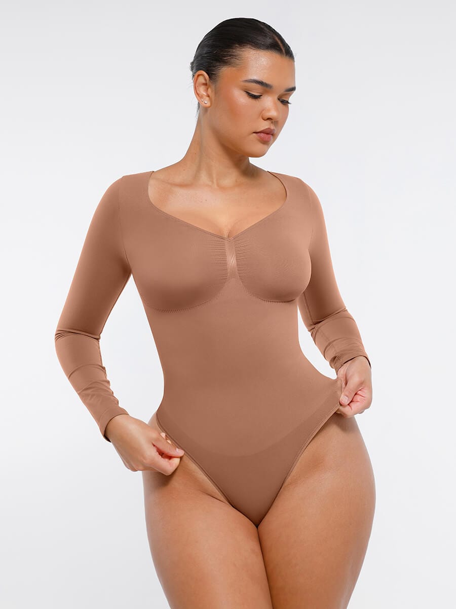 Seamless Long Sleeve Chest Support Tummy Control Thong Bodysuit - FirmaSculpt