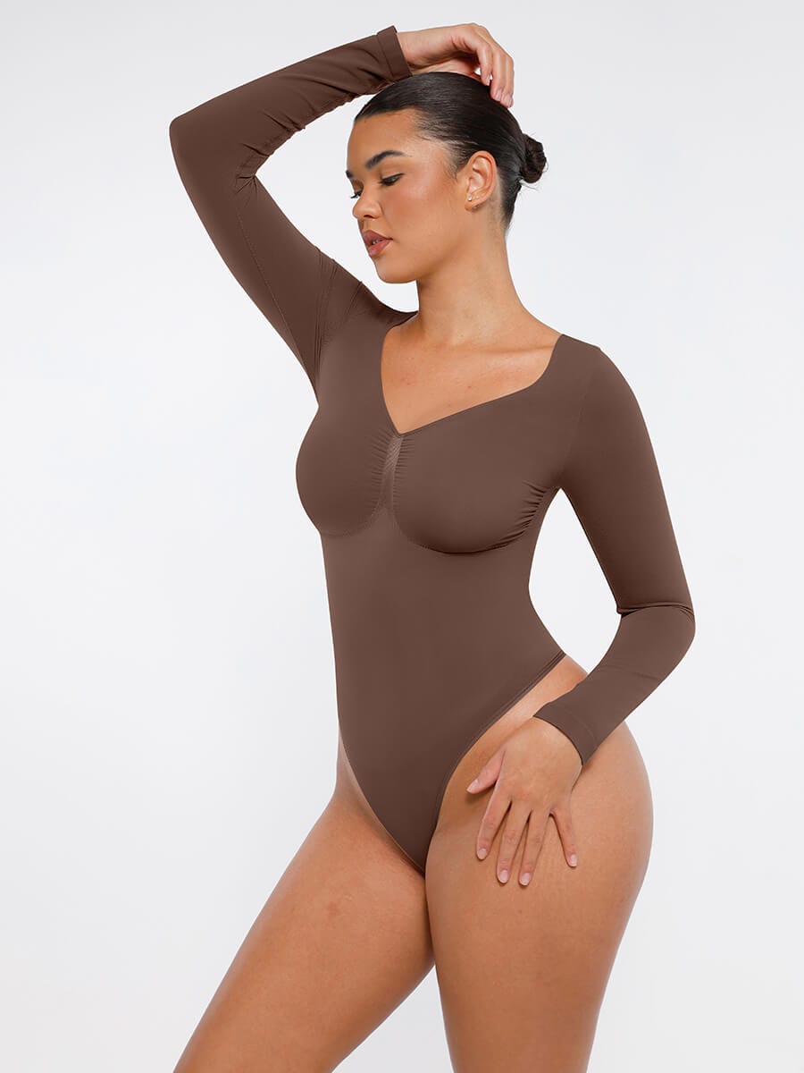 Seamless Long Sleeve Chest Support Tummy Control Thong Bodysuit - FirmaSculpt