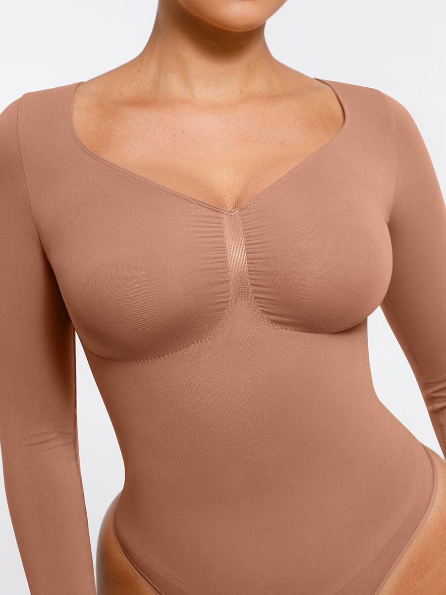 Seamless Long Sleeve Chest Support Tummy Control Thong Bodysuit - FirmaSculpt