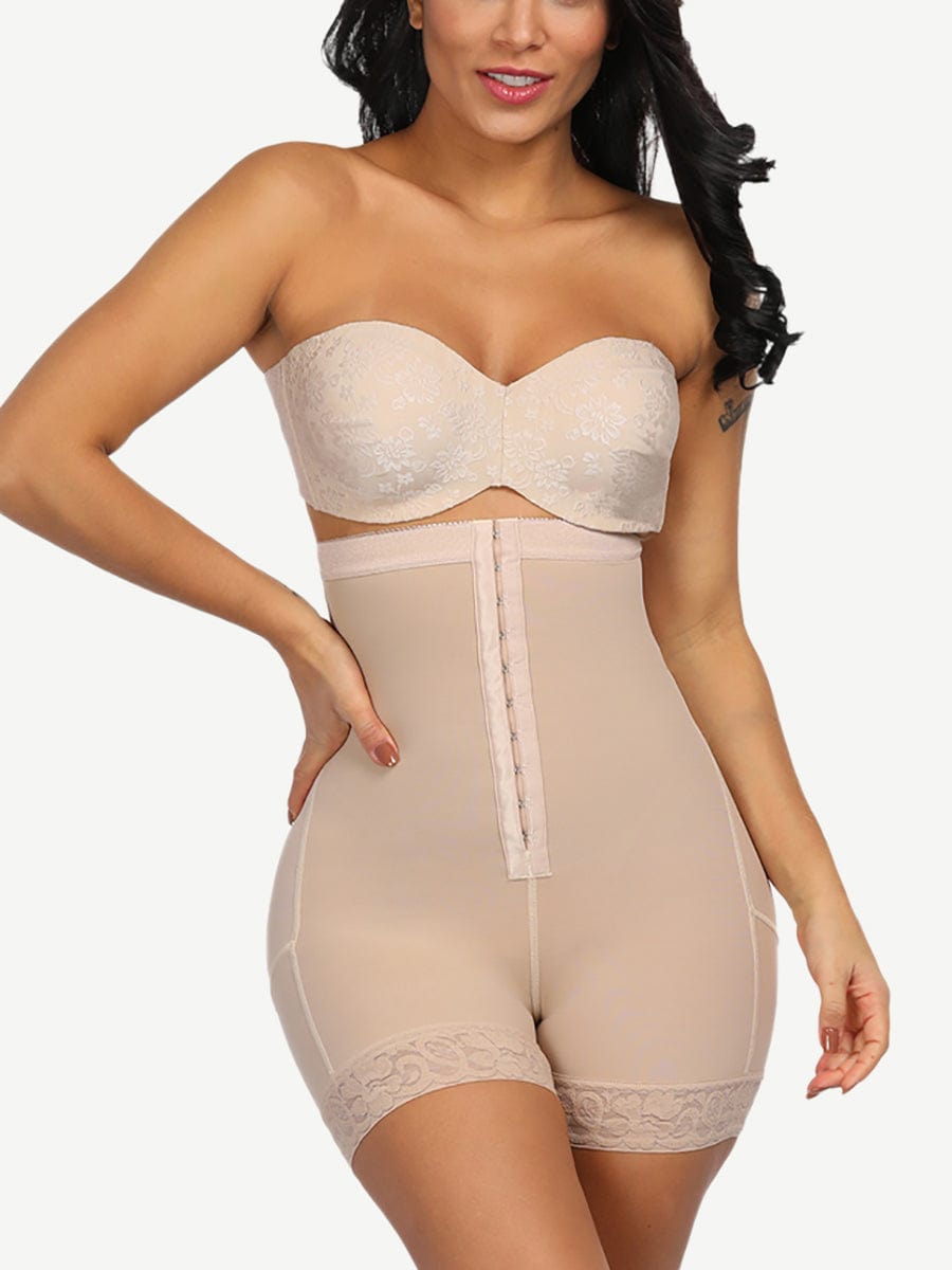 Queen Size High Waist Slimming Shorts with Lace Hem and Row Buckle - FirmaHold