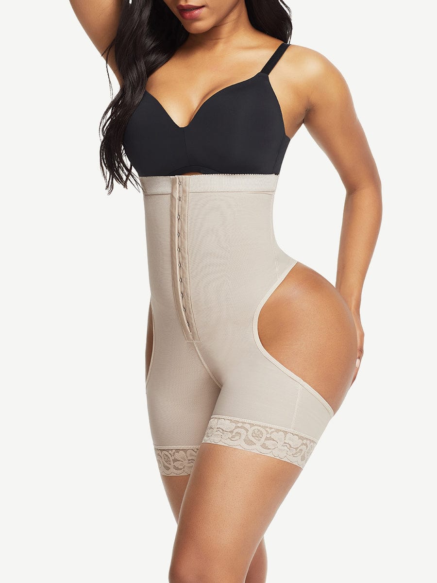 High Waist Open Butt Shapewear Shorts with Front Hooks - FirmaLift