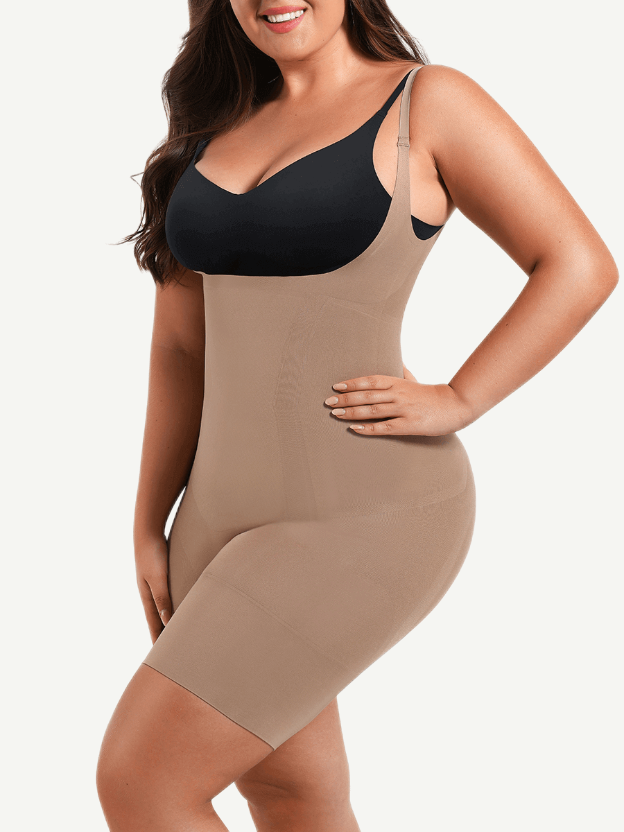 Seamless Open-Bust Abdomen Flattening Mid-Thigh Bodysuit - FirmaSculpt
