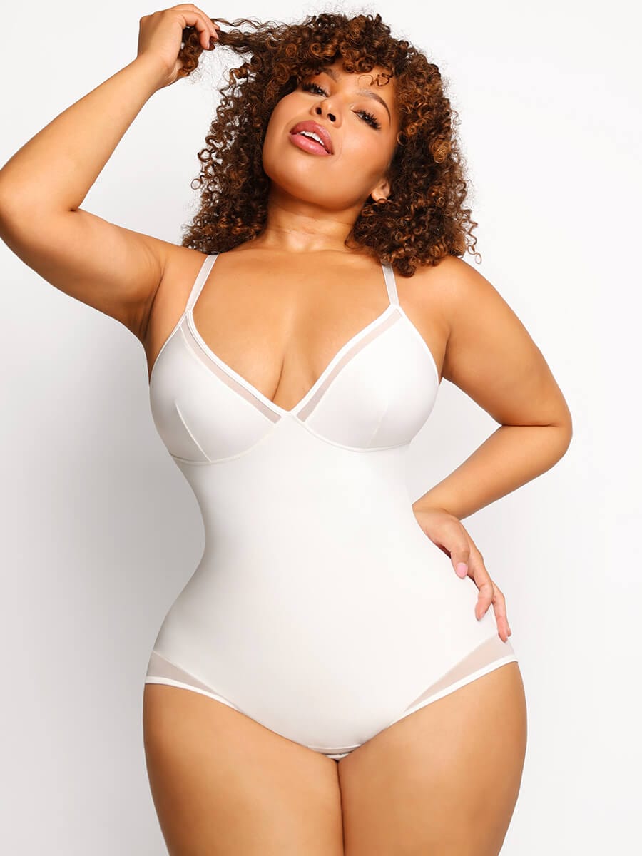 Sexy Deep V-Neck Mesh Bodysuit with Tummy Control - FirmaSculpt