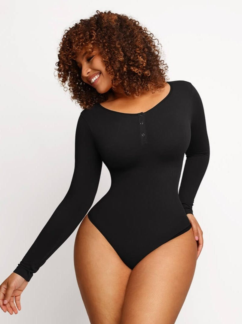 Seamless Long Sleeve Thong Bodysuit with Light Support - FirmaActive